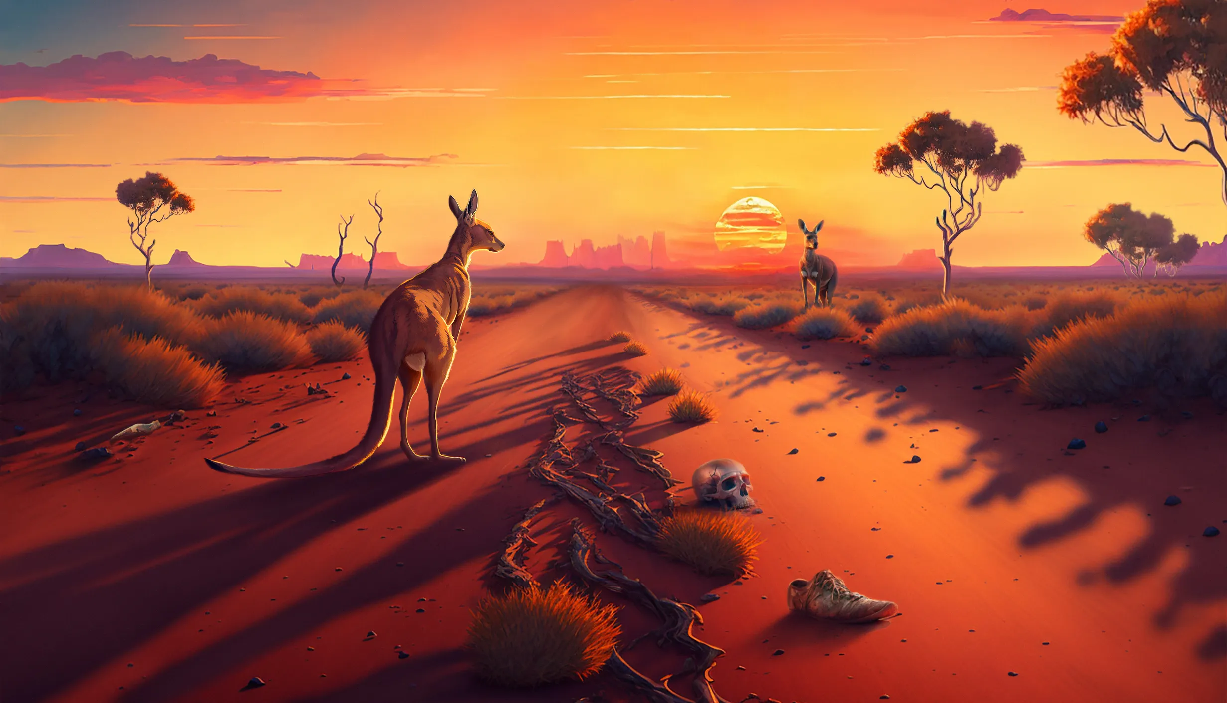 A background image of the Australian outback. A kangaroo stands in the foreground looking towards the setting sun. In the foreground is a skull and an abandoned shoe.