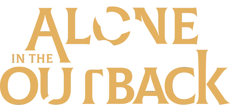 The logo for Alone in the Outback. It is the text 'Alone in the Outback' in a gold font on a black background with a snake curled around the letters and hissing.