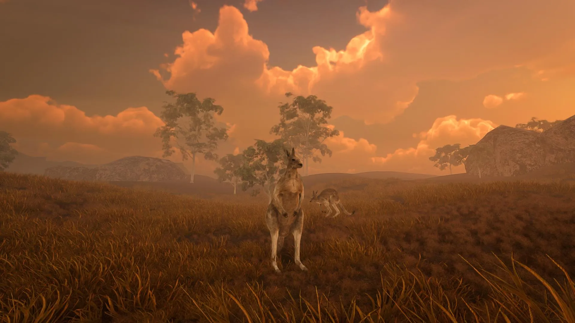 An in-game screenshot of a kangaroo standing upright and looking into the distance. The scene is open grassland with trees.