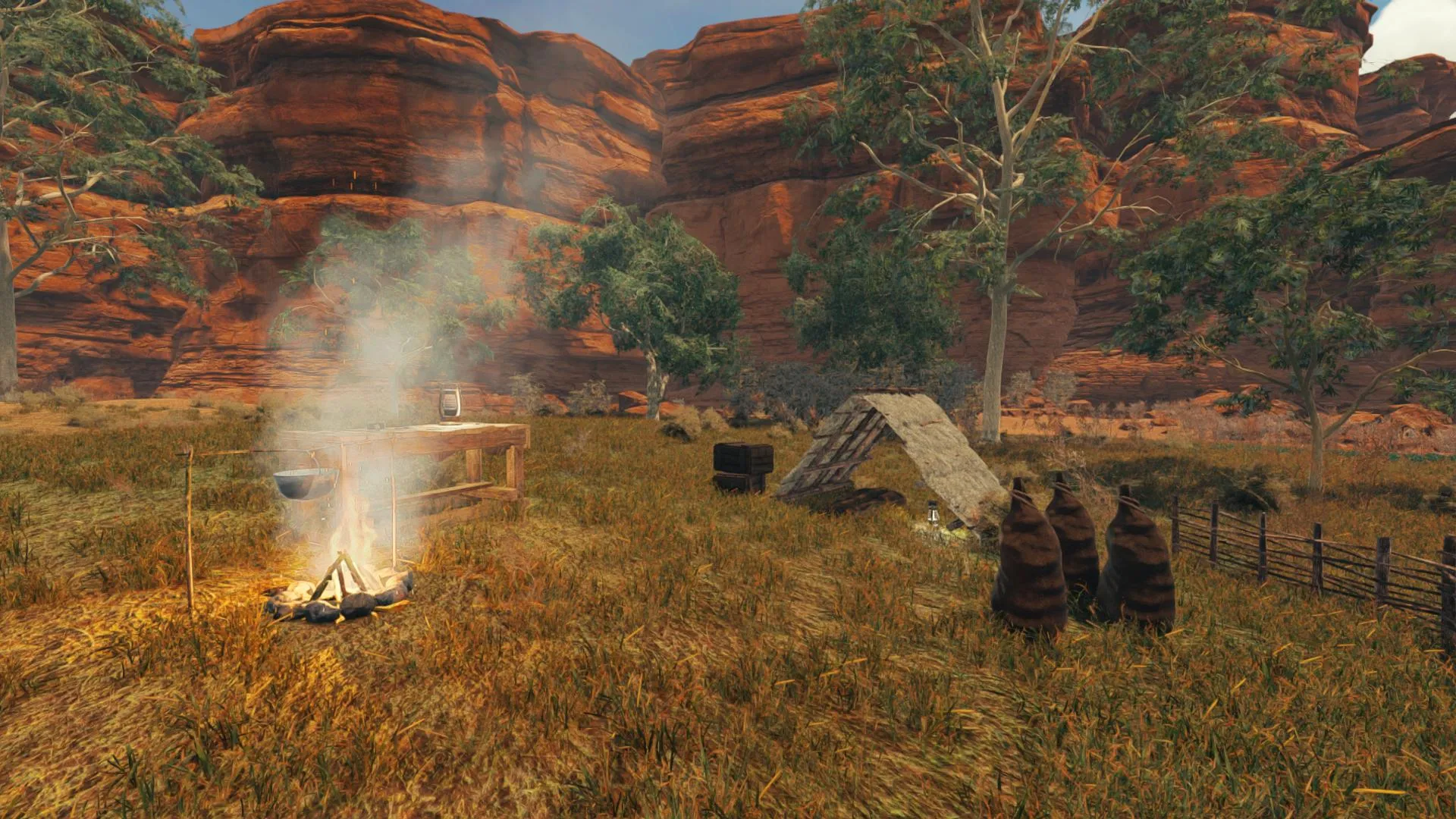 An in-game screenshot of a serene scene featuring a cozy campfire surrounded by a tent, creating a tranquil ambiance in the virtual wilderness. This demonstrates some of the game's craftable and buildable elements